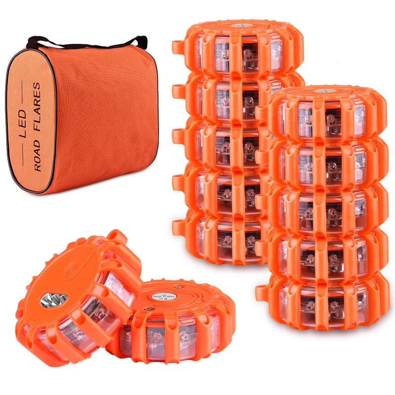 AK [12 Pack LED Road Flares Safety Flashing Warning Light Roadside Emergency Disc Beacon Kit for Vehicles Boats with Magnetic Base & Hook, Premium Storage Bag (Batteries Not Included) (12) - Image 1